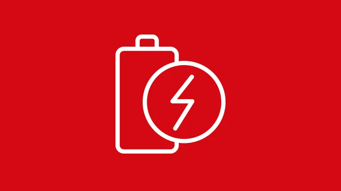 Allg. Infos Icon Batterie mit Blitz weißes Icon auf rotem Grund