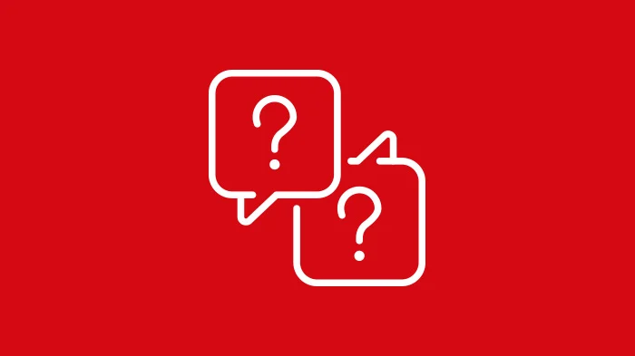 FAQ Zwei Sprechblasen mit Fragezeichen weißes Icon auf rotem Grund